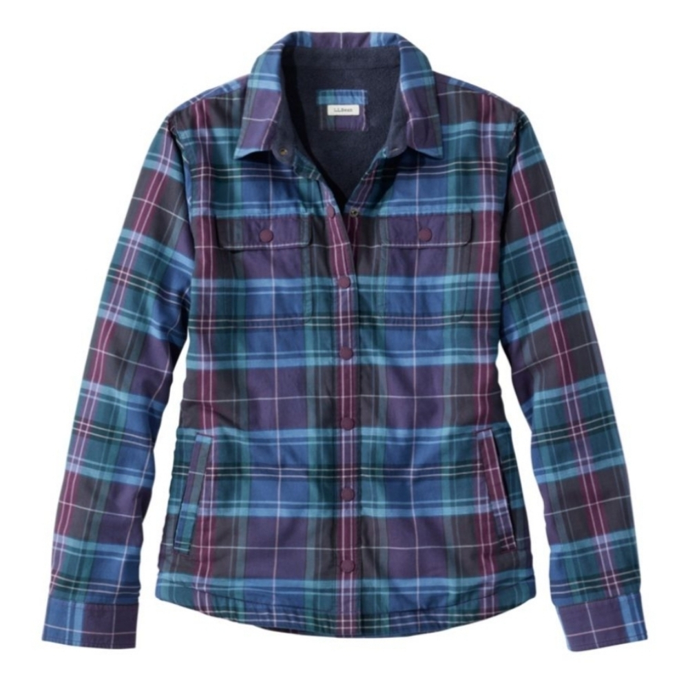 L.L. Bean Fleece-Lined Flannel Shirt, Button Front Plaid Shacket Purple Medium